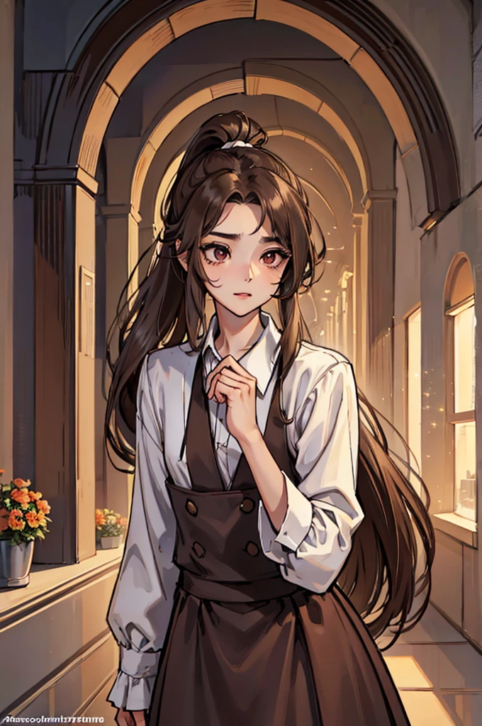 Long, straight hair, typically tied back in a ponytail; deep brown in color.Almond-shaped eyes, with a warm hazel hue, often sparkling with curiosity.Well-groomed brows and slightly arched, giving an expressive look.