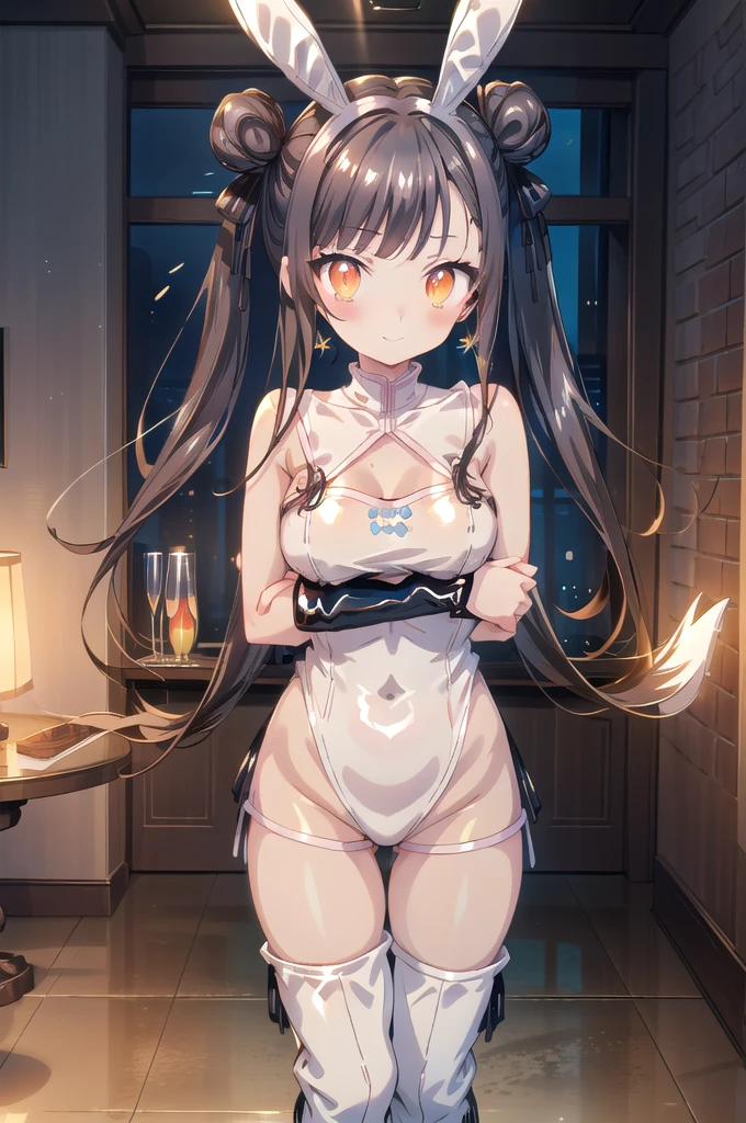 1girl,solo,cowboy shot,standing,(black hair:1.6), hair bun, double bun, twintails, hair ornament, blunt bangs,(orange eyes:1.4),(rabbit ears:1.2),(beautiful fingers:1.6),(perfect anatomy:1.6),(arms_behind_back:1.6),(cold_shoulder:1.2),(leather lace glossy silk lamé playboy bunny:1.6),(latex luster shiny glossy metallic:1.6),(shiny_clothes:1.6),medium breasts,beautiful breasts,masterpiece,best quality,(Ultra high definition eyes:1.2),8k,(Beautiful detailed eyes:1.2),(Fine and beautiful eyes:1.2),(pretty eyes:1.2),finely detail,extremely CG, absurdres,high resolution,illustration,Detailed and beautiful outlines,finely detail,high resolution,(colorful refraction:1.4,Increase saturation:1.2),beautiful lighting,dynamic lighting,closed room,black background,(simple background), smile,looking at viewer,tao,dress, white dress, sleeveless dress,(thigh boots:1.4)