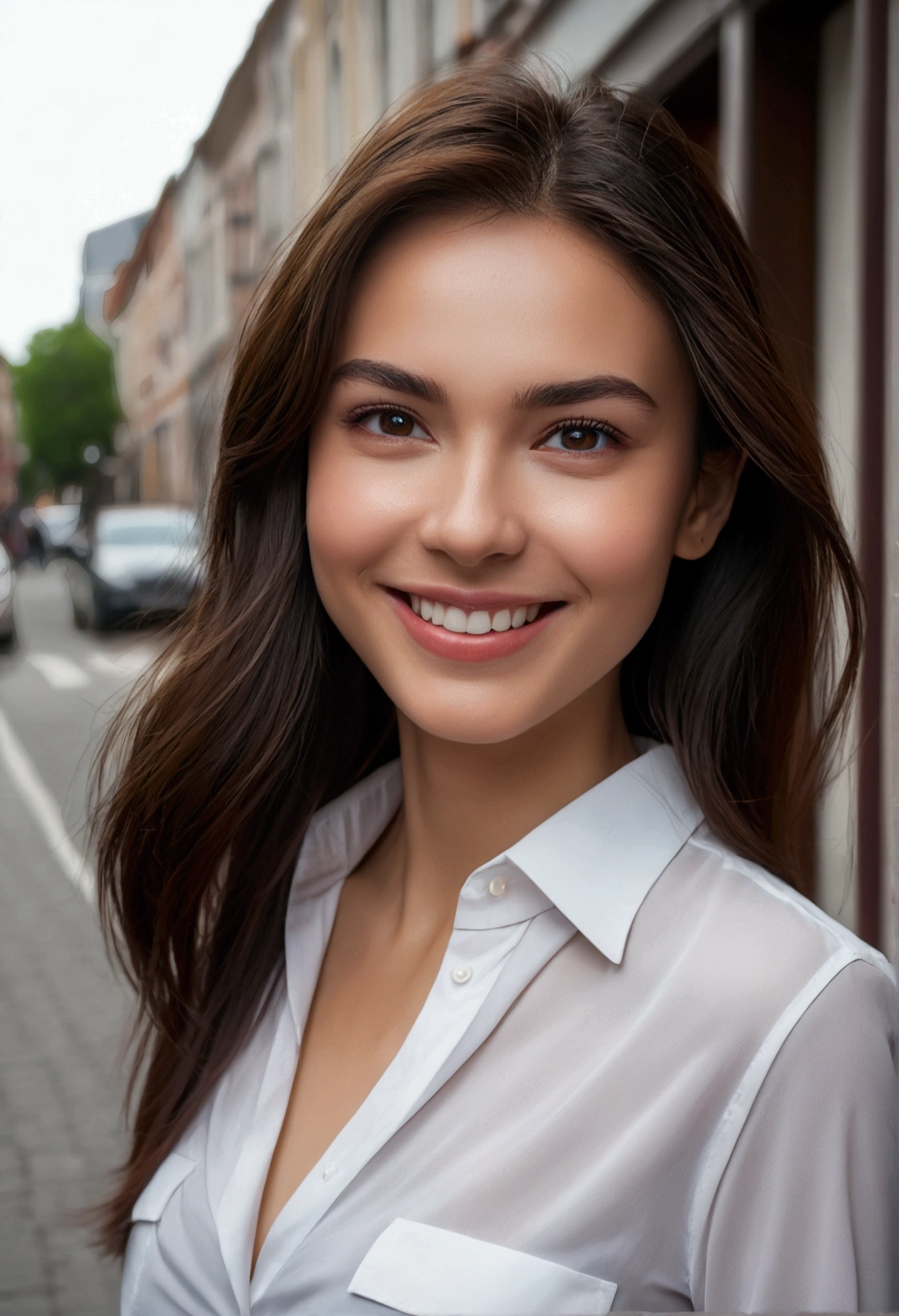 RAW Photos, looking at the camera, ((Highest quality, 8k, masterpiece: 1.3)), Sharp focus: 1.2, White shirt, Beautiful Features, The best smile, Cute Smile, Beautiful woman with perfect style: 1.4, Slim Abs: 1.2, Dark brown hair, (Natural light, City Street: 1.1), Highly detailed face and skin texture, Detailed eyes, double eyelid