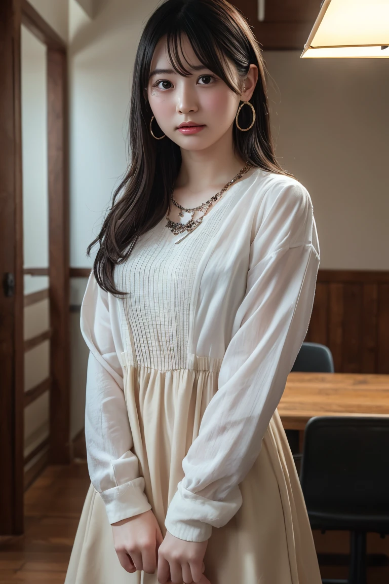 (Highest quality:1.4),(masterpiece:1.4),(Realistic:1.4),(Realistic:1.2),(超High resolution, RAW Photos:1.4),(High resolution, Very detailed:1.2),(8k:1.2),View your audience,Cinematography,One Girl,skeletally correct,Black-haired woman,Woman in her early 20s,(Small earrings,necklace,Metallic Dresses),(Inside the Western-style building,Dimly lit room,The lamplight shines on my cheeks)