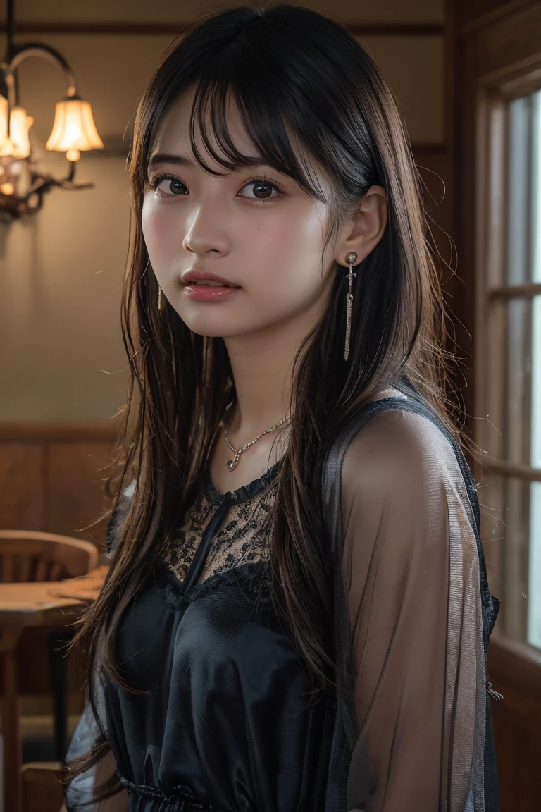 (Highest quality:1.4),(masterpiece:1.4),(Realistic:1.4),(Realistic:1.2),(超High resolution, RAW Photos:1.4),(High resolution, Very detailed:1.2),(8k:1.2),View your audience,Cinematography,One Girl,skeletally correct,Black-haired woman,Woman in her early 20s,(Small earrings,necklace,Metallic Dresses),(Inside the Western-style building,Dimly lit room,The lamplight shines on my cheeks)