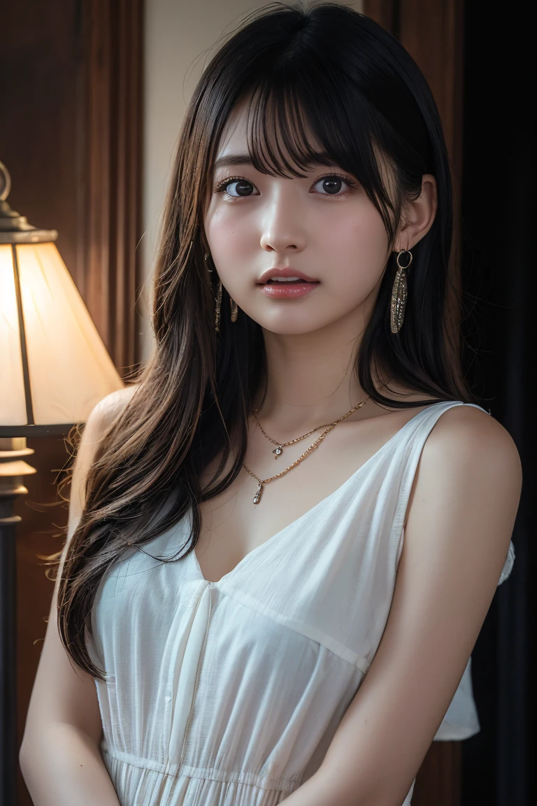 (Highest quality:1.4),(masterpiece:1.4),(Realistic:1.4),(Realistic:1.2),(超High resolution, RAW Photos:1.4),(High resolution, Very detailed:1.2),(8k:1.2),View your audience,Cinematography,One Girl,skeletally correct,Black-haired woman,Woman in her early 20s,(Small earrings,necklace,Metallic Dresses),(Inside the Western-style building,Dimly lit room,The lamplight shines on my cheeks)