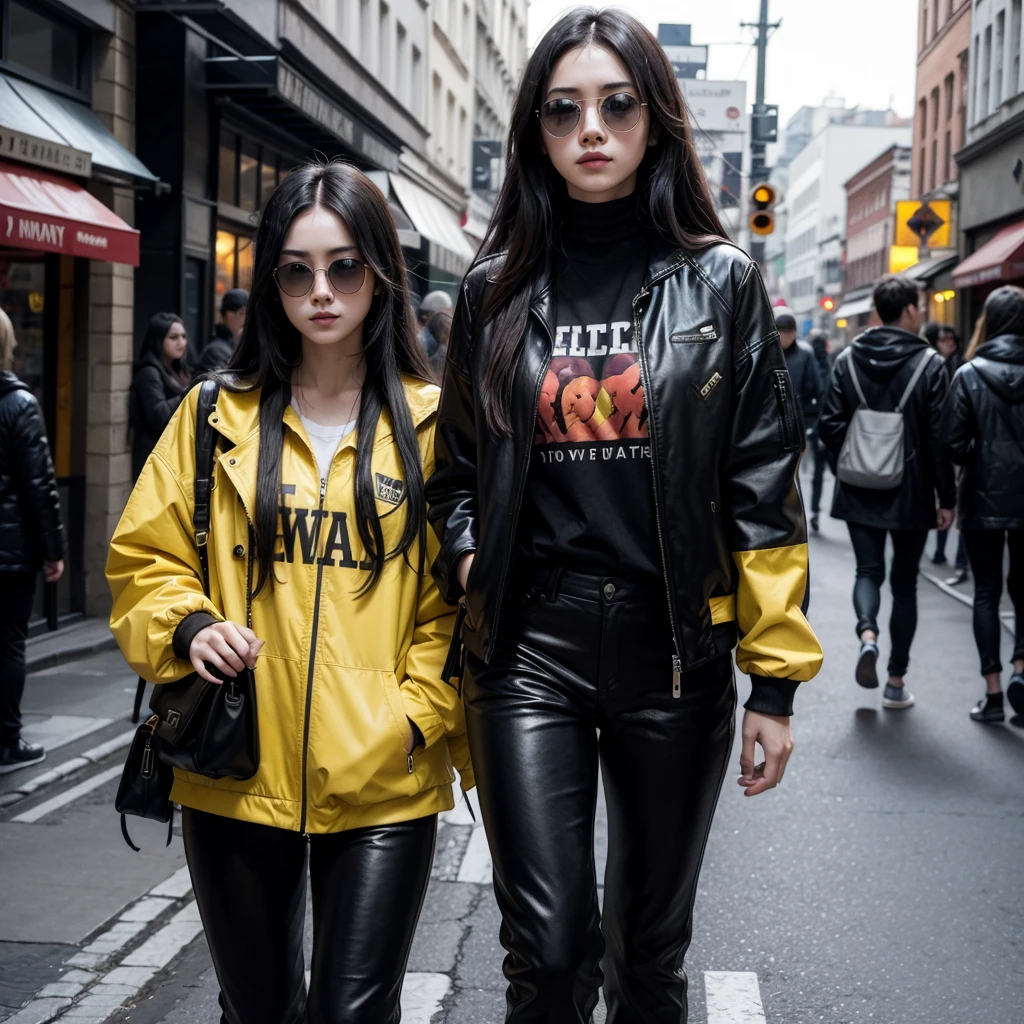 Sunglasses, red skin, yellow eyes, long black hair, black jacket, black pants, walking on the street