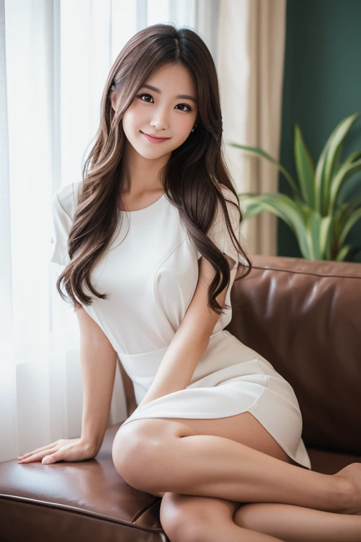 A full-body photo of a very beautiful Japanese woman. She is smiling very happily, dressed like a hostess, in a white dress, with long wavy hair, fair skin, high nose bridge, slender legs, big eyes, thick lips, slim figure, sitting on a sofa in a lounge, stylish indirect lighting, real photo style, warm light shop, detailed details, high resolution, high quality, taken with a Canon camera