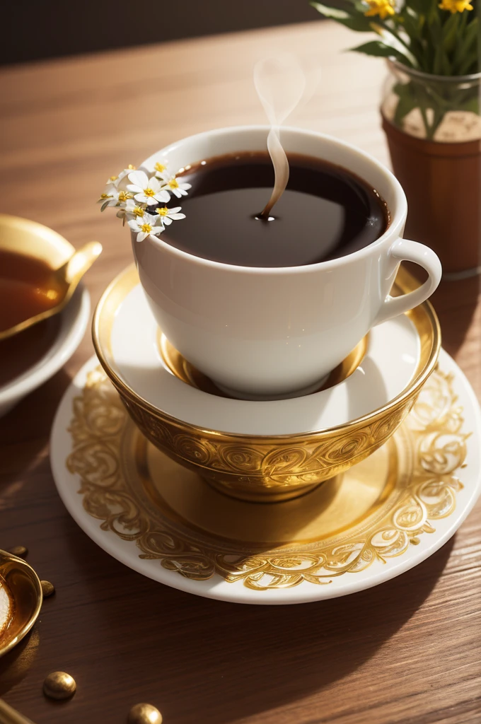 n close-up, create an image of a beautiful and neat cup of hot coffee, releasing steam. The white cup has intricate gold details. In the background, well out of focus, create a small bouquet of white and yellow flowers, on a table. Photographic lighting. At the bottom the text " não pensa em mim todas as vezes que for tomar café", with gold cursive letters. Beneath "by Marcos Levorato"., photo, 3d render, typography, vibrant, portrait photographyLess

