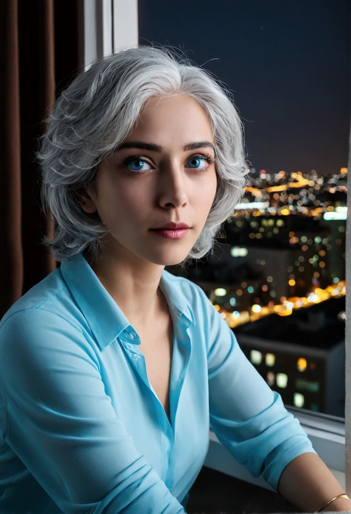 (masterpiece), Highest quality, Cyan eyes, Light grey hair, Expressive eyes, Jorhaya, Sitting in a high-rise apartment room, Night Sky, Cityscape, View your viewers, City lights, window, highlight, Dramatic Light, Calm face,