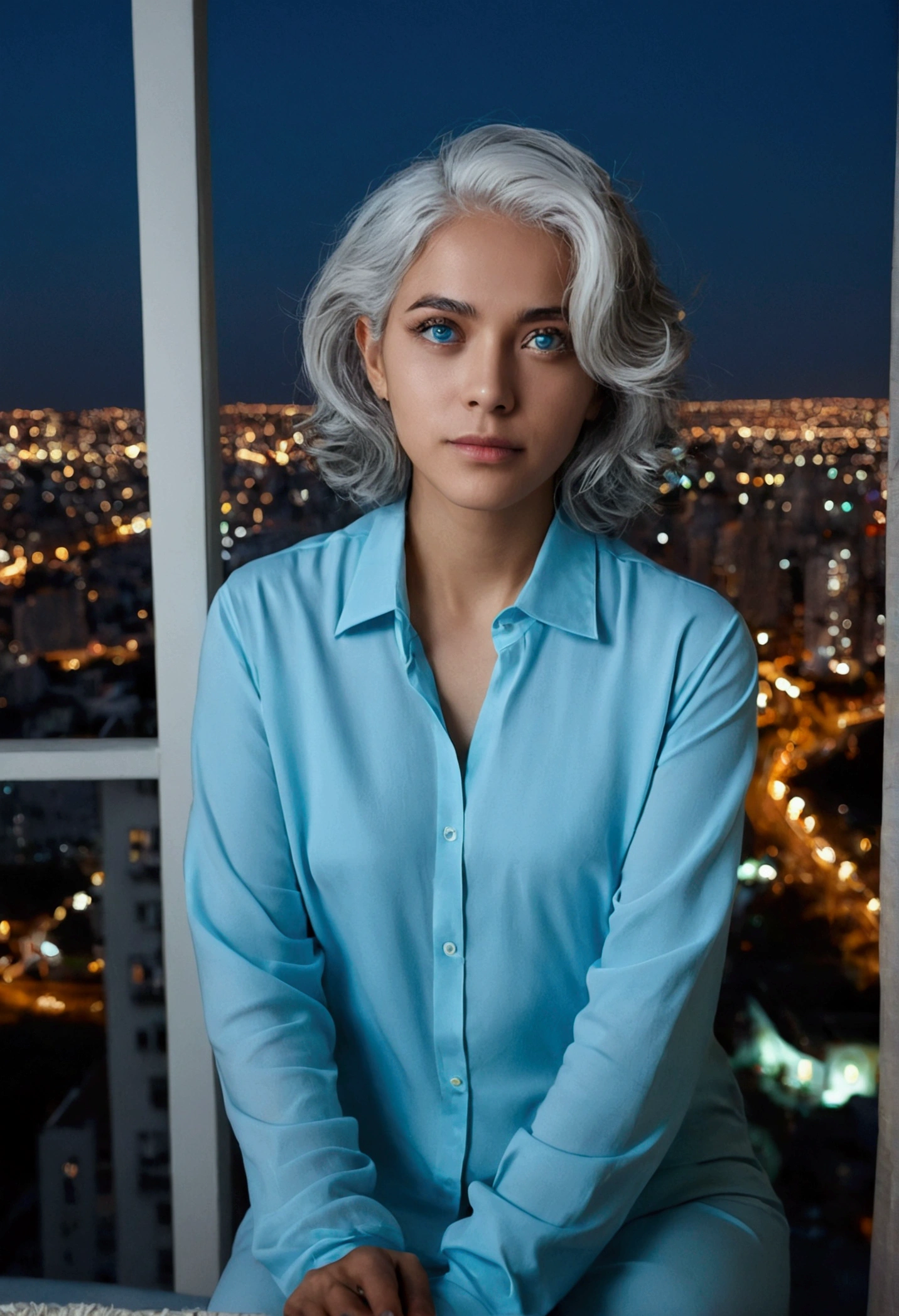 (masterpiece), Highest quality, Cyan eyes, Light grey hair, Expressive eyes, Jorhaya, Sitting in a high-rise apartment room, Night Sky, Cityscape, View your viewers, City lights, window, highlight, Dramatic Light, Calm face,