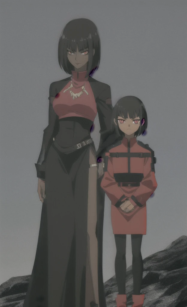 90s grown tall skinny evil black skinned women with short black hair wearing red and black armor 