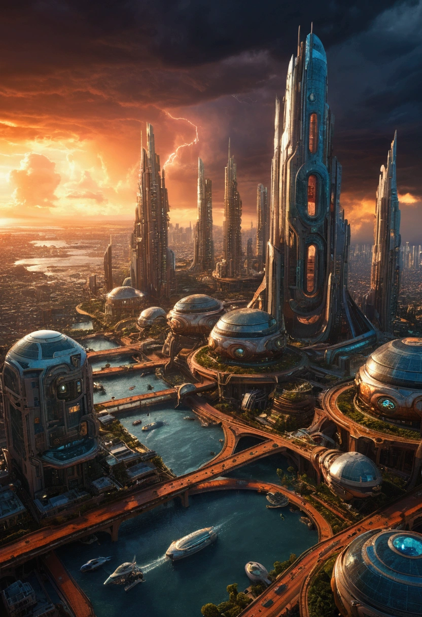 Sci-fi city surrounded by storm clouds at sunset (retrotide:1)