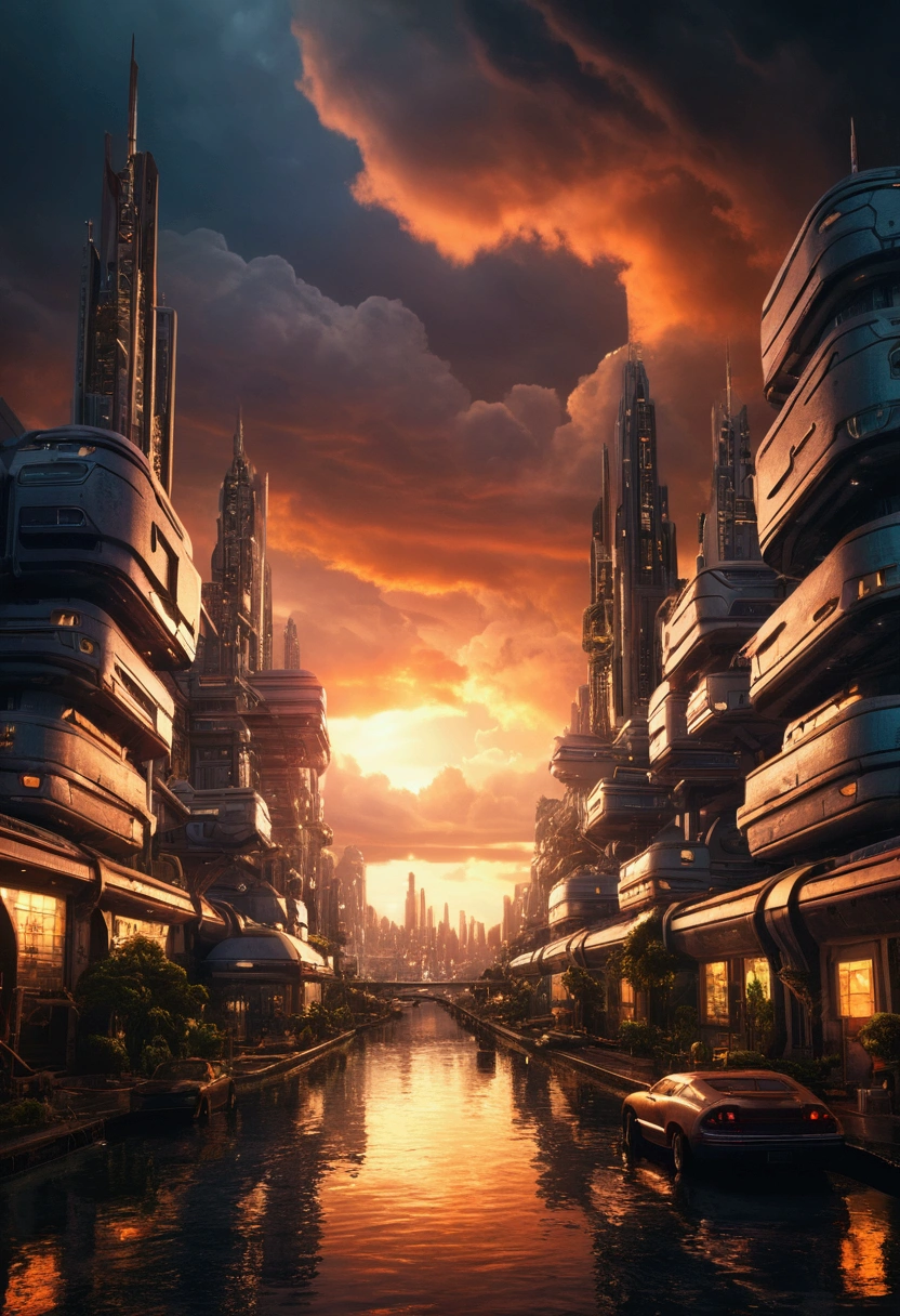 Sci-fi city surrounded by storm clouds at sunset (retrotide:1)