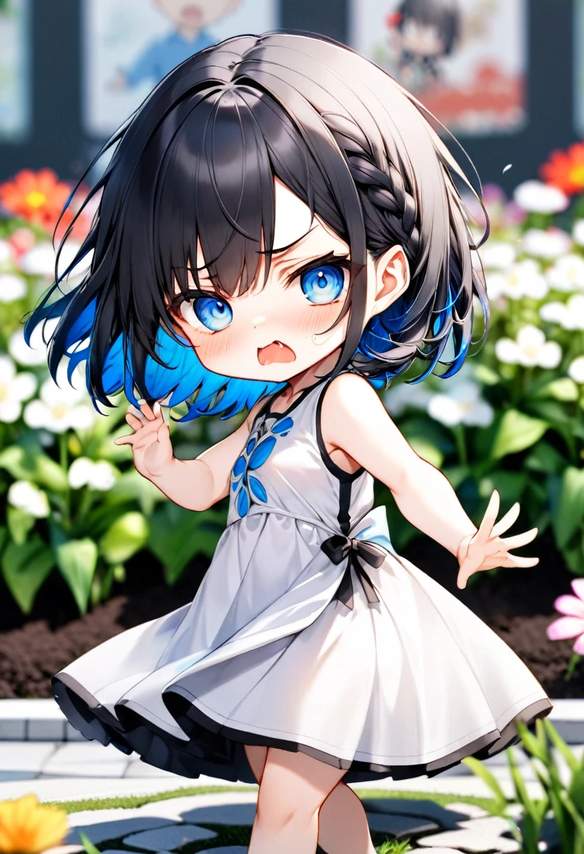 Highest quality、High resolution、Detailed Background、Beautiful face in every detail、Anatomically correct、Detailed facial expressions、fine grain、((From the side))、((One Girl))、Chibi Girl、 Black Hair、beautiful clear big blue eyes、Braided Bob、Sleeveless dress、The background is a flower bed、Very angry、Raise one hand high and hit the viewer、 (Motion Blur:1.5), (Blurred hands:1.5)