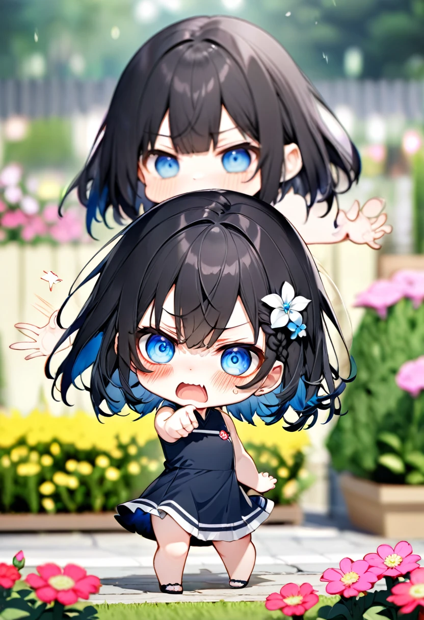Highest quality、High resolution、Detailed Background、Beautiful face in every detail、Anatomically correct、Detailed facial expressions、fine grain、((From the side))、((One Girl))、Chibi Girl、 Black Hair、beautiful clear big blue eyes、Braided Bob、Sleeveless dress、The background is a flower bed、Very angry、Raise one hand high and hit the viewer、 (Motion Blur:1.5), (Blurred hands:1.5)