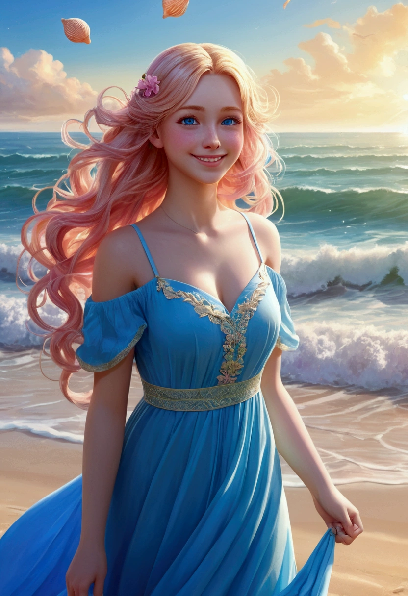 Delicate and beautiful CG art),(Highest quality, Very detailed, High resolution),(Dynamic Angle, Dynamic Lighting),(one character),(Long pink and blonde hair), blue eyes, Beautiful Face), 1 girl, (Long sideburns, plant, smile, long blue dress, 3 days, Ocean, water, Beach ball, shell, sunny, the wind is strong