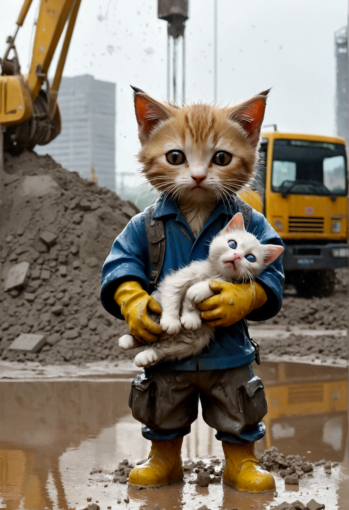 In heavy rain,A soaking wet、Dirty anthropomorphic kitten wearing ragged clothes,Carrying a heavy bag of cement。There's water all over the ground,The background is a construction site,Workers with crying expressions are carrying cement。The picture is very real,Rich in details。Scale 1.1(Default 1.1