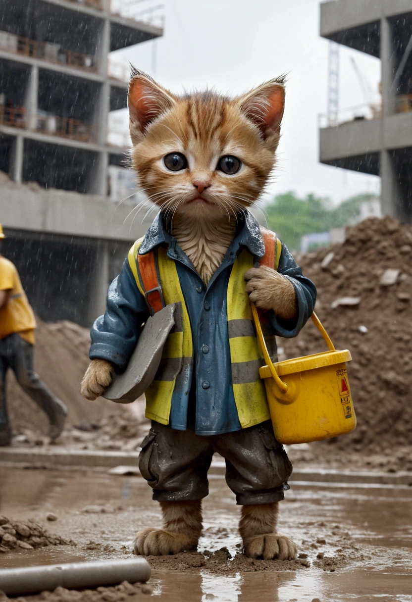 In heavy rain,A soaking wet、Dirty anthropomorphic kitten wearing ragged clothes,Carrying a heavy bag of cement。There's water all over the ground,The background is a construction site,Workers with crying expressions are carrying cement。The picture is very real,Rich in details。Scale 1.1(Default 1.1