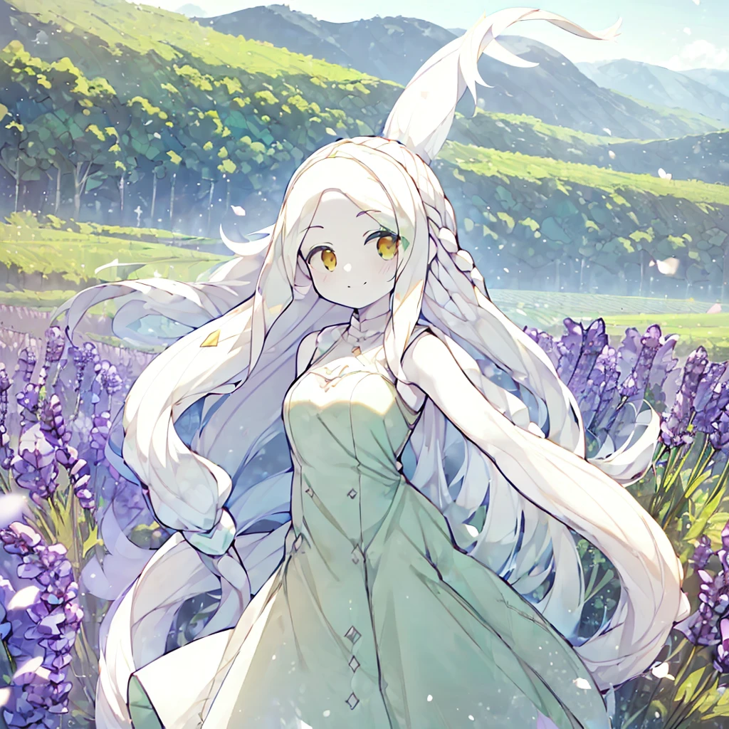 girl, standing, smiling, (pure white long hair:2.0), 
BREAK
sleeveless, (pale green dress:1.5), bracelet, (background is a vast lavender field:1.4), (wide blue sky:1.1) 