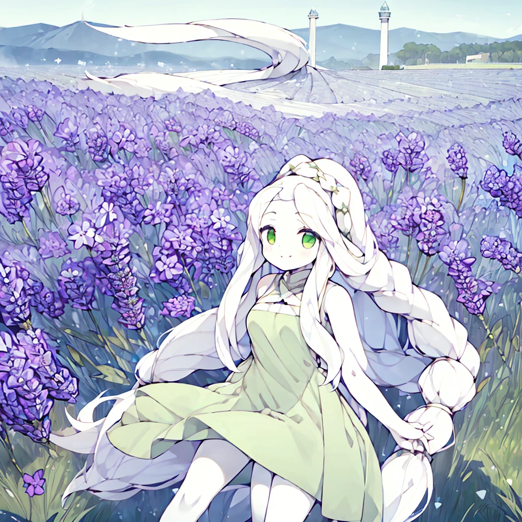 girl, standing, smiling, (pure white long hair:2.0),
BREAK
sleeveless, (pale green dress:1.5), bracelet, (background is a vast lavender field:1.4), (wide blue sky:1.1)