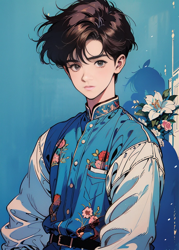 best quality, 4k wallpaper, masterpiece, very detailed CG Unity 8k 벽지, very detailed 눈, very detailed, intricate details, retro, Library Landscape, brown hair 20 year old boy, Looking at the entire upper body, incredibly blue sea background, Incredibly blue cloudy sky background