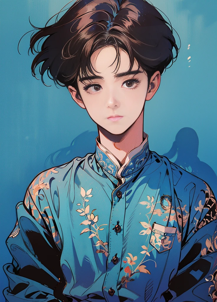 best quality, 4k wallpaper, masterpiece, very detailed CG Unity 8k 벽지, very detailed 눈, very detailed, intricate details, retro, Library Landscape, brown hair 20 year old boy, Looking at the entire upper body, incredibly blue sea background, Incredibly blue cloudy sky background