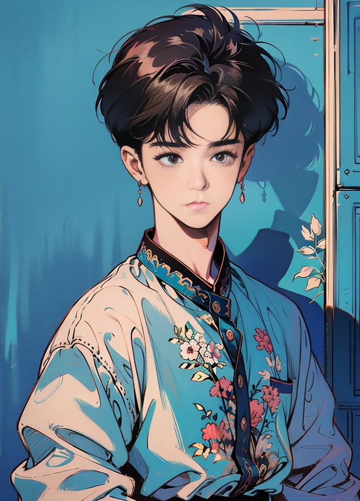 best quality, 4k wallpaper, masterpiece, very detailed CG Unity 8k 벽지, very detailed 눈, very detailed, intricate details, retro, Library Landscape, brown hair 20 year old boy, Looking at the entire upper body, incredibly blue sea background, Incredibly blue cloudy sky background