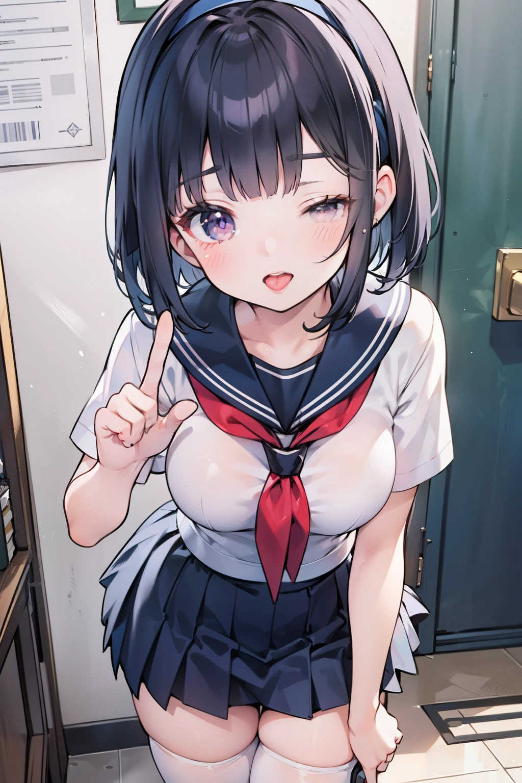 body 8 times longer than head, (Highly detailed CG unity 8k), (highest quality)，(very detailed)，(ultra high resolution), black hair, High school girl wearing a navy sailor suit, Anime 2D rendering, realistic young anime high school girl, ((White headband)), purple eyes, small breasts, tall, slanted eyes, (school scenery), black stockings, bright color, open your mouth a little, Dark blue skirt, bob cut, position looking down from above, right eye closed (winking), sticking out the tongue through the mouth, raise right index finger, Press your right eye with your right index finger, tilt your face slightly to the right, 