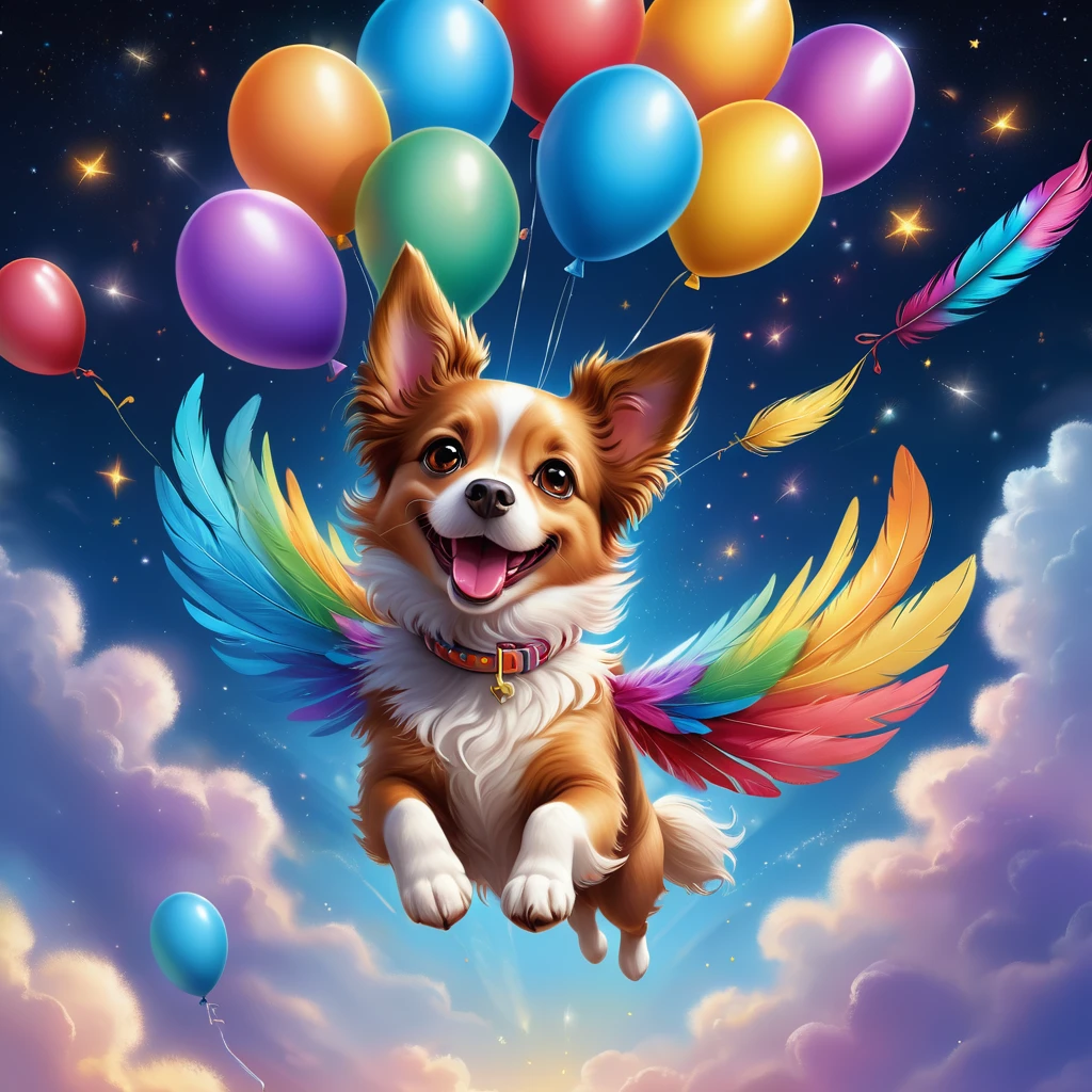 A flying dog with colorful feathers soaring in the sky, surrounded by dreamy background and twinkling stars, accompanied by balloons, wearing a cheerful smile, intricate details, and high-definition image quality. (best quality,4k,8k,highres,masterpiece:1.2),ultra-detailed,(realistic,photorealistic,photo-realistic:1.37),vivid colors,studio lighting