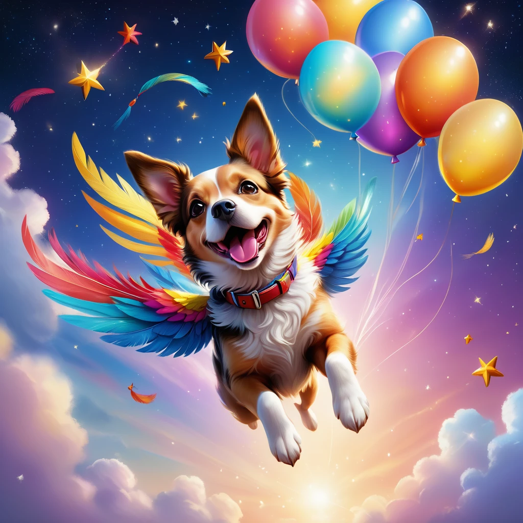 A flying dog with colorful feathers soaring in the sky, surrounded by dreamy background and twinkling stars, accompanied by balloons, wearing a cheerful smile, intricate details, and high-definition image quality. (best quality,4k,8k,highres,masterpiece:1.2),ultra-detailed,(realistic,photorealistic,photo-realistic:1.37),vivid colors,studio lighting