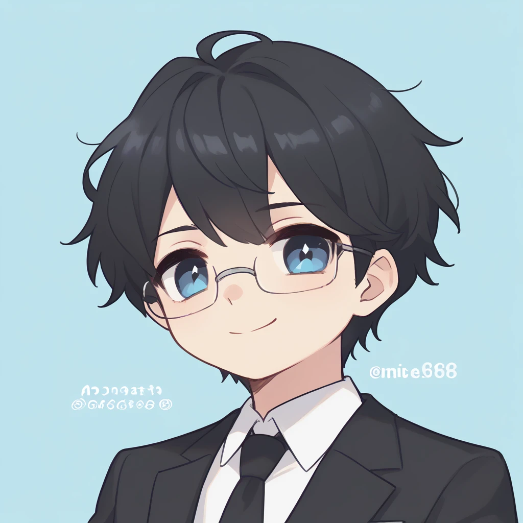 High resolution, masterpiece, accurate, amount,Short black hair 、One Man、Deep blue eyes、Sky blue background、Glasses、Detailed eyes、smile, Simple black suit