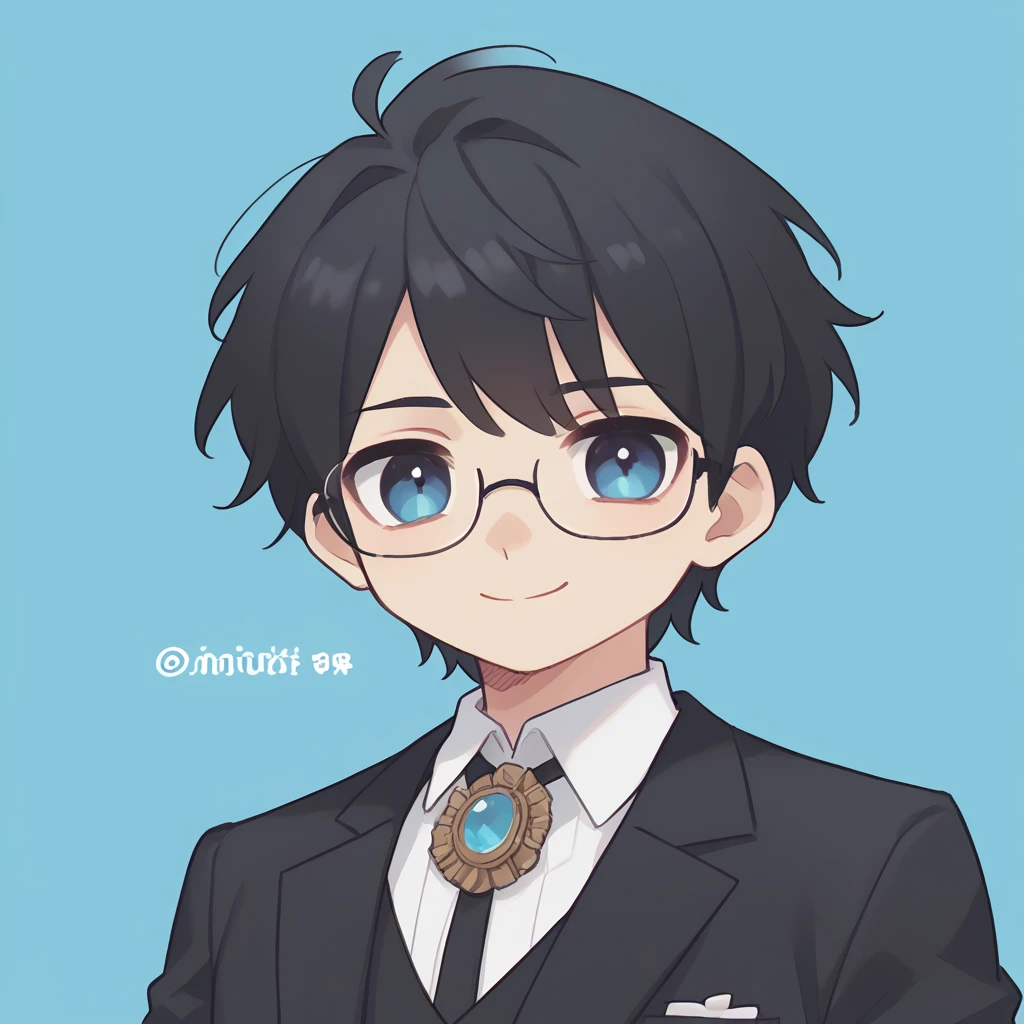 High resolution, masterpiece, accurate, amount,Short black hair 、One Man、Deep blue eyes、Sky blue background、Glasses、Detailed eyes、smile, Simple black suit