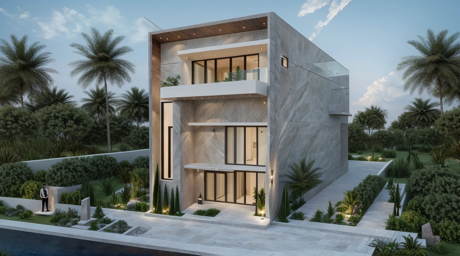 (((best quality, masterpiece))), (surreal, optical:1.2), high quality, (daylight:1.2), perfect lighting,(residential) modern house modern, main material ((wood: gray stone:0,4)), villa, modern gray house, modern, dynamic light, super light, ((light emitted from inside the house: 1.1)) , ((clear blue sky:1.3)), ((garden lights)), rock, peaceful, romantic , ((haze))