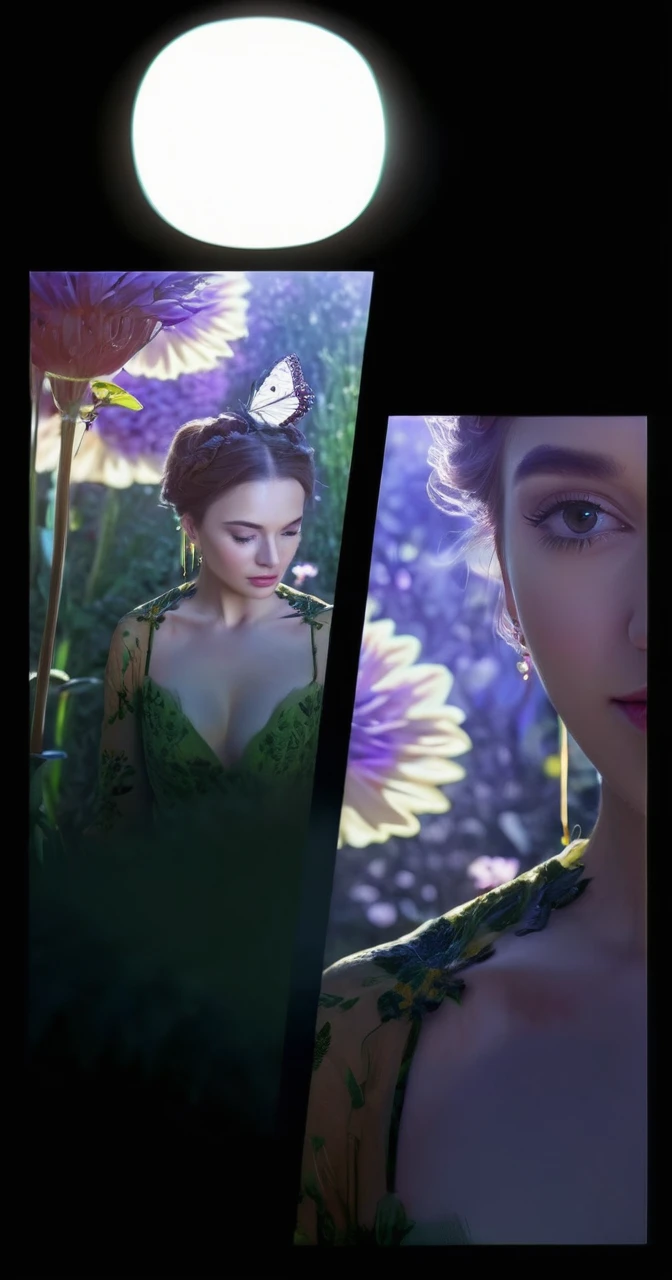 a woman in a green dress, ,  outdoor garden scene, sunlight, flowers, butterflies, intricate details, (best quality,4k,8k,highres,masterpiece:1.2),ultra-detailed,(realistic,photorealistic,photo-realistic:1.37),vibrant colors,natural lighting,cinematic composition,portrait,digital painting