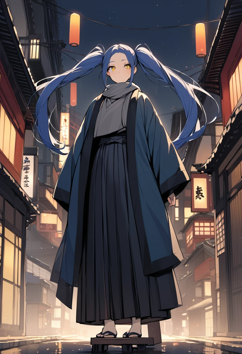 japan city in night(One very tall woman,Her hairstyle is twin tails that expose her forehead.,Navy Blue Hair,yellow eyes,Black haori,Black Hakama,Wear a grey scarf around your neck,geta)