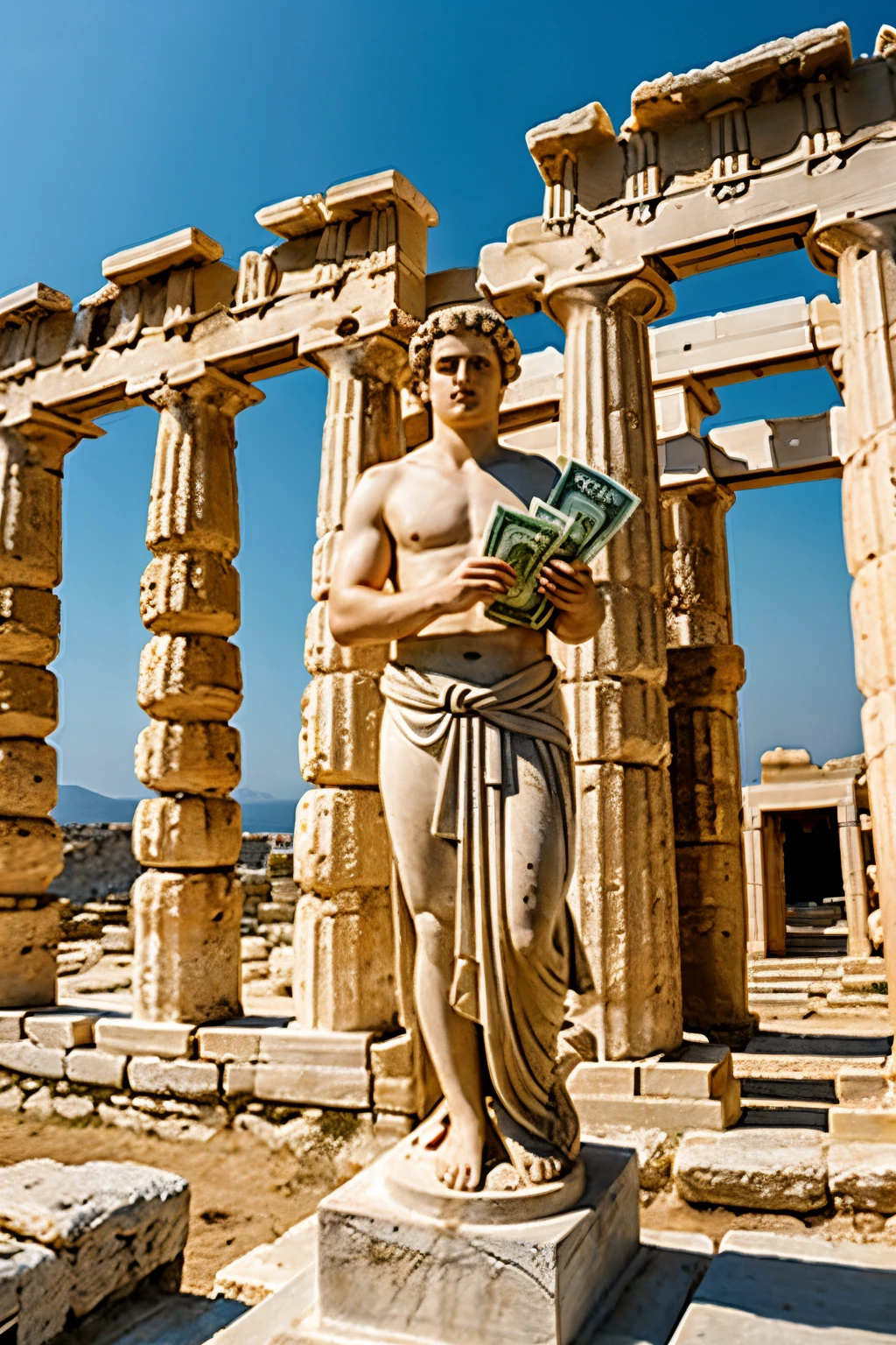 Greek god holding money in an ancient place