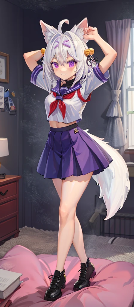 masterpiece, best quality, messy bedroom, day, 1girl, solo, filian, white hair, short hair, ahoge, animal ears, hair bell, hairband, vibrant purple eyes, half smile, white fluffy fox tail, , short sleeve white blouse with red ribbon, blue short skirt, black leg stockings, school black shoes with heals, full body pose, cute pose, arms behind the waist