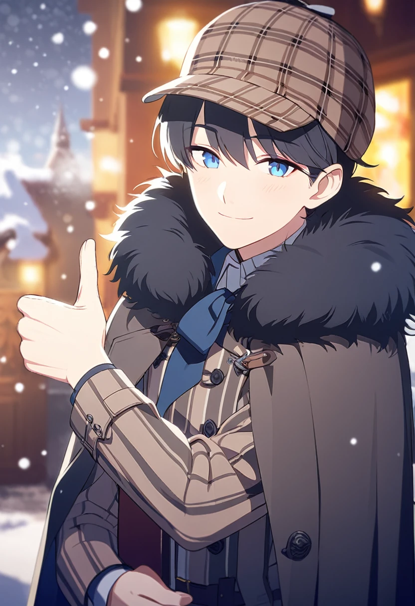 masterpiece,best quality,depth of field,8k,뷰어를 Overlooking,man,dark gray hair,blue eyes,(charismatic eyes 1:1),chic,black hair,Blue Eyes,wrote deerstalker,Light brown striped frock coat with cape,male,Overlooking,Short hair,alone,smiling,Cloak with fur on the shoulders,There is snow in the background,snowing,giving thumbs up,light blush