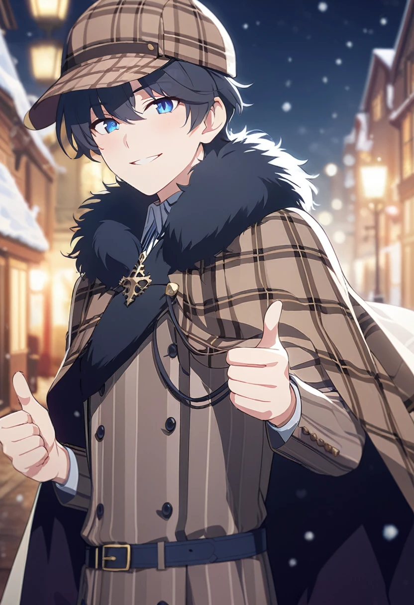 masterpiece,best quality,depth of field,8k,뷰어를 Overlooking,man,dark gray hair,blue eyes,(charismatic eyes 1:1),chic,black hair,Blue Eyes,wrote deerstalker,Light brown striped frock coat with cape,male,Overlooking,Short hair,alone,smiling,Cloak with fur on the shoulders,There is snow in the background,snowing,giving thumbs up,light blush