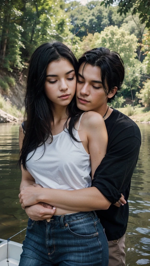 gorgeous 19 y.o. girl,gorgeous girl, score_9,score_8_up,score_7_up,source_anime,masterpiece,best quality, ((black hair)),make up, opened eyes, black eyes,full clothing,a woman with her man,((woman hugging man,)),duo,realistic skin,realistic,at the river,fishing,fishing rod