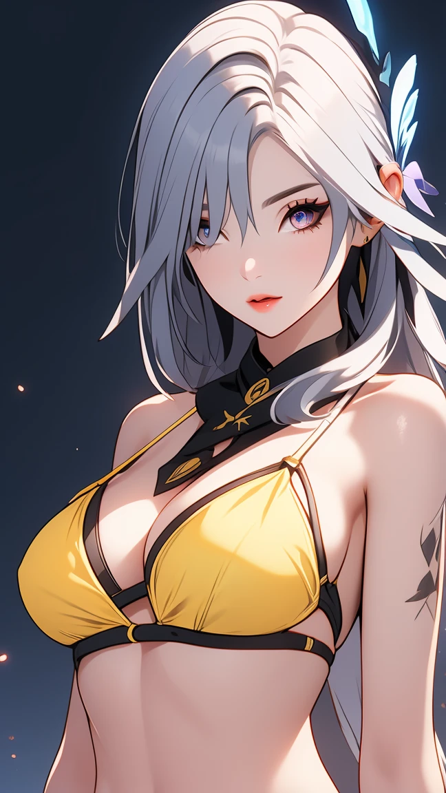 SkirkGI, red eyes, long hair, white hair, blue hair, hair ornament,
BREAK ((yellow bikini:1.5))
BREAK view from below, morning city, street,
BREAK (masterpiece:1.2), best quality, high resolution, unity 8k wallpaper, (illustration:0.8), (beautiful detailed eyes:1.6), extremely detailed face, perfect lighting, extremely detailed CG, (perfect hands, perfect anatomy),