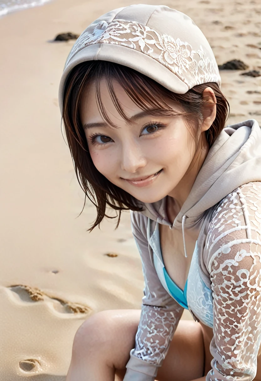 (High quality, 8K ,Wallpaper), (Very delicate and beautiful), (Must see), (Top quality: 1.0), (Ultra high quality: 1.0), (Realistic), Masterpiece, Top quality, 4k, High resolution, Realistic, Raw photo, Fine, lustrous skin, Japanese woman, 20 years, (Lifeguard chair: 1. 4), sitting, legs crossed, looking, gently smiling, brown hair half up, brown eyes, wearing one piece swimming costume with intricate lace pattern, (wearing hoodie: 1.3), summer beach scene, realistic shadow, (high resolution), fine skin, super fine, slim body, thin collar bone, cheeks, realistic face, realistic eyes ( small eyes, happy smile), (low angle shot: 1.2),