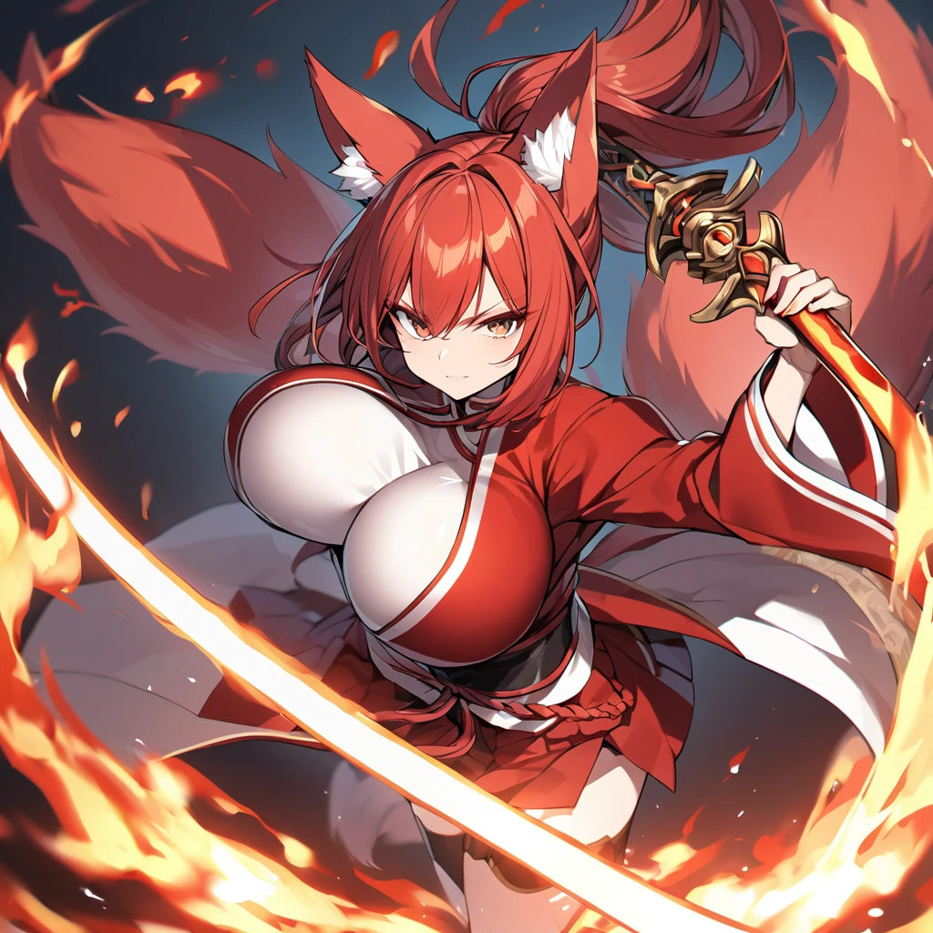 Long red ponytail Red fox ears and nine fox tails Very large breasts Flaming sword Older sister 