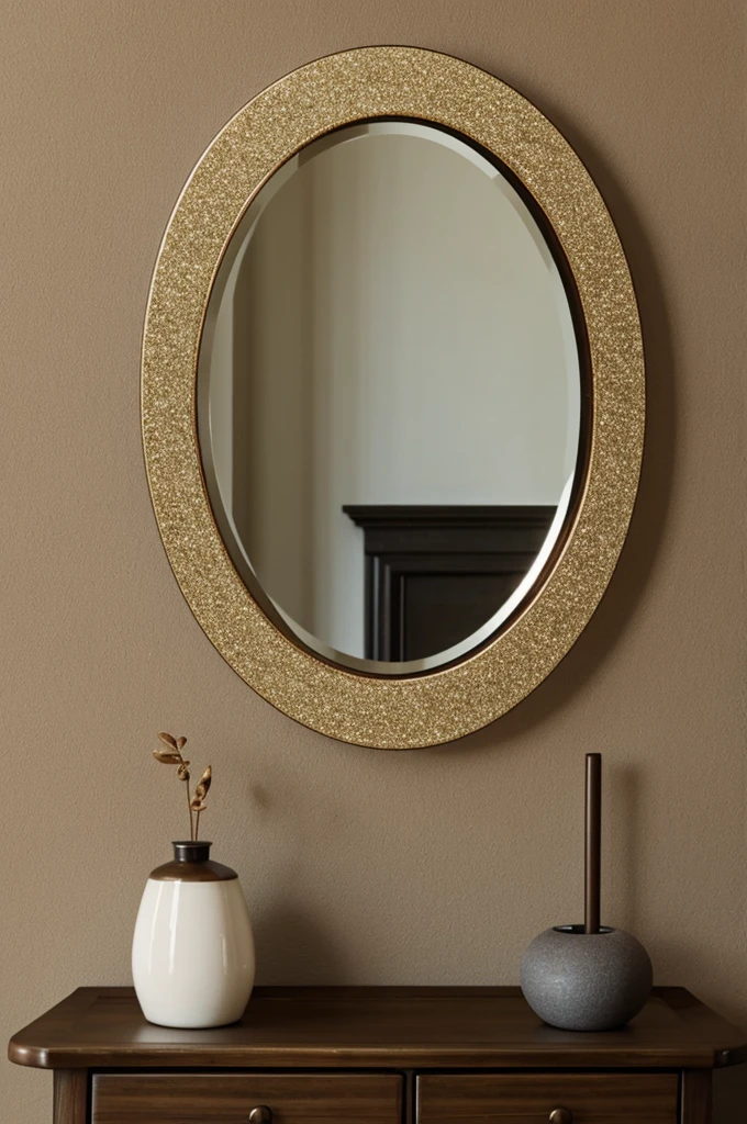 Brown mirror, oval with glitter, and leaning to the left 