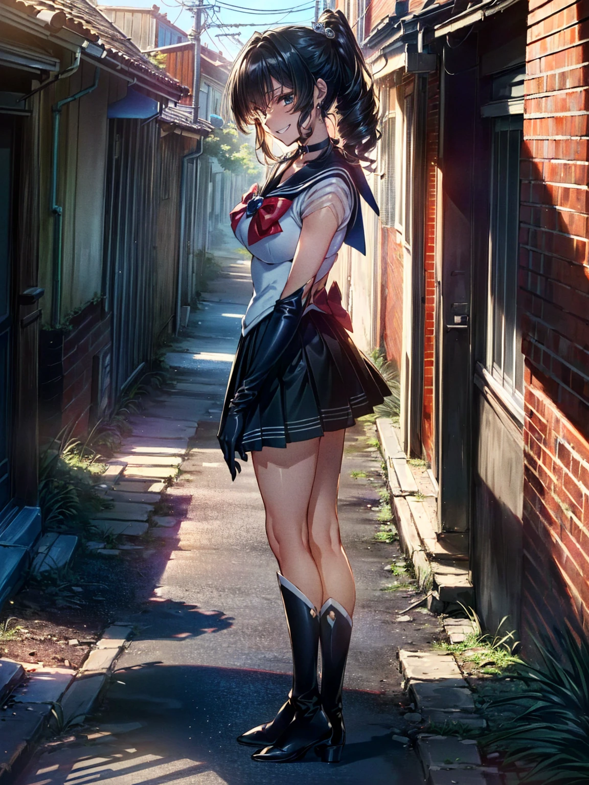1girl, solo, looking at viewer, smile, short hair, skirt, shirt, black hair, long sleeves, holding, hair between eyes, brown eyes, closed mouth, , jacket, white shirt, ahoge, pleated skirt, outdoors, necktie, sky, bag, plaid, night, plaid skirt, moon, blazer, red necktie, star (sky), night sky, full moon, starry sky