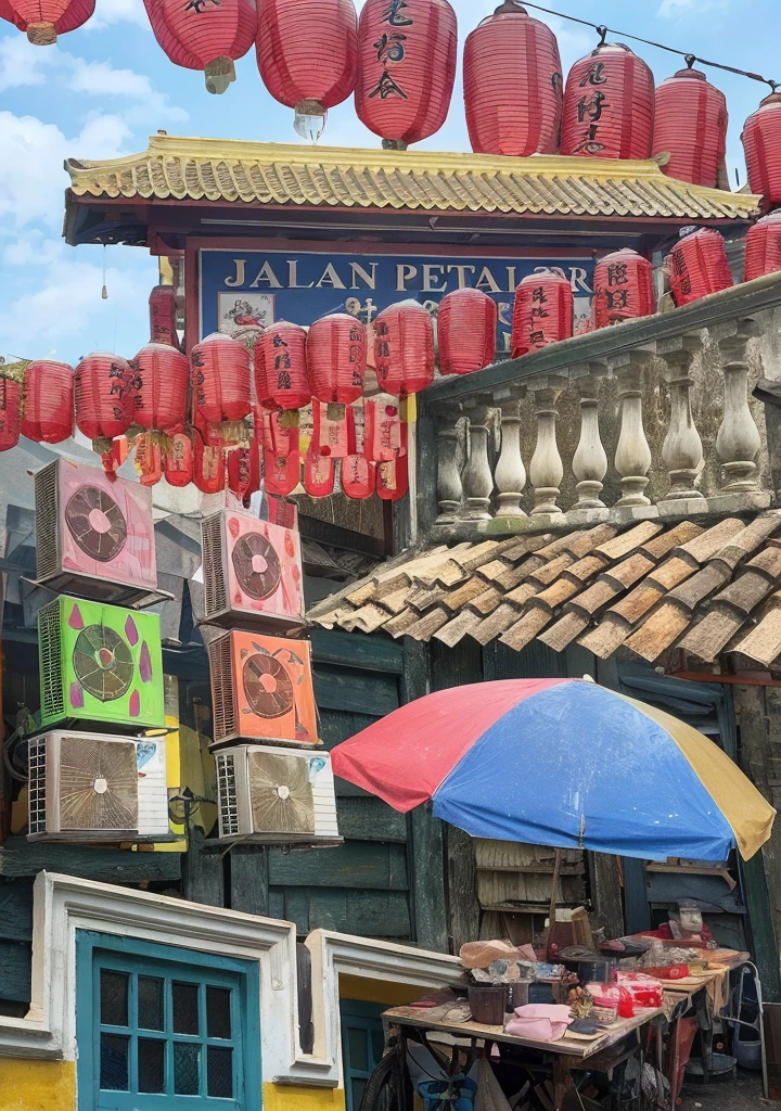lantern, building with roof, shops and wall design