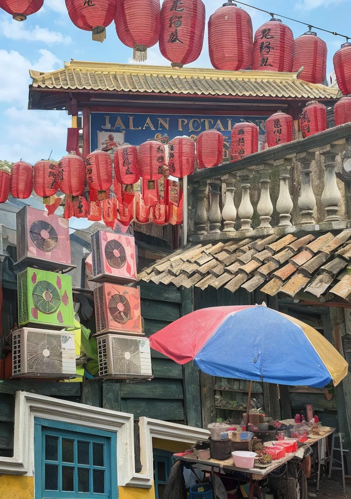 lantern, building with roof, shops and wall design