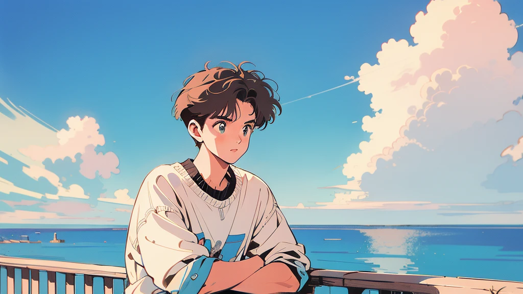 best quality, 4k wallpaper, masterpiece, very detailed CG Unity 8k 벽지, very detailed 눈, very detailed, intricate details, retro,  Library Landscape, brown hair 20 year old boy,  Looking at the entire upper body,  incredibly blue sea background, Incredibly blue cloudy sky background