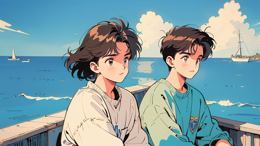 best quality, 4k wallpaper, masterpiece, very detailed CG Unity 8k 벽지, very detailed 눈, very detailed, intricate details, retro, Library Landscape, brown hair 20 year old boy, Looking at the entire upper body, incredibly blue sea background, Incredibly blue cloudy sky background