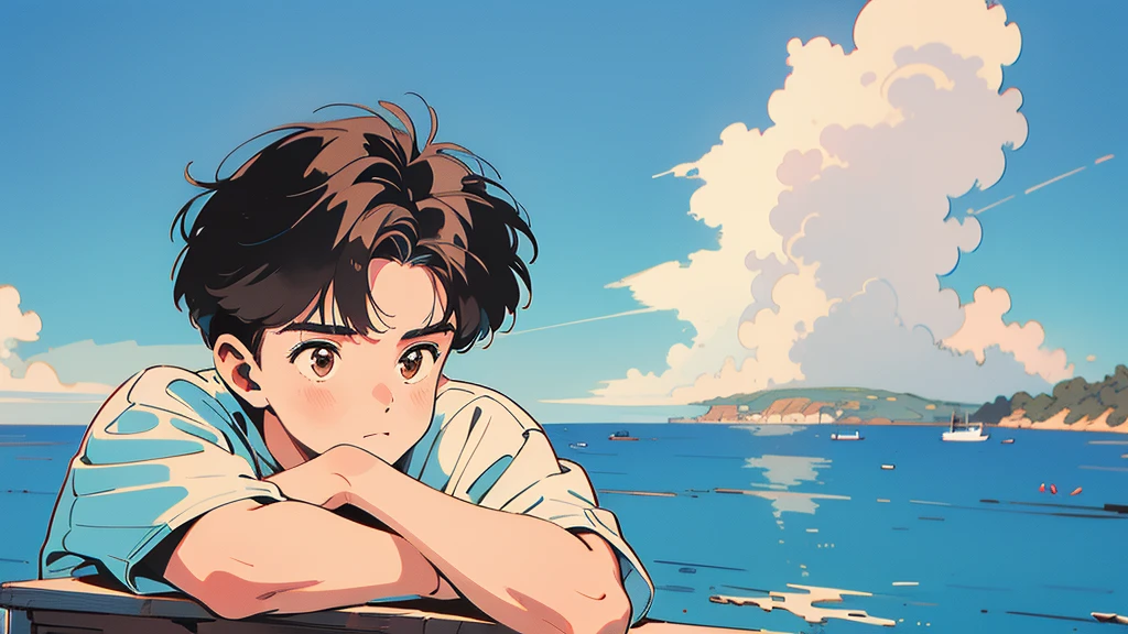 best quality, 4k wallpaper, masterpiece, very detailed CG Unity 8k 벽지, very detailed 눈, very detailed, intricate details, retro,  Library Landscape, brown hair 20 year old boy,  Looking at the entire upper body,  incredibly blue sea background, Incredibly blue cloudy sky background