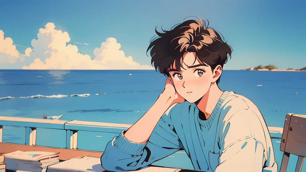 best quality, 4k wallpaper, masterpiece, very detailed CG Unity 8k 벽지, very detailed 눈, very detailed, intricate details, retro, Library Landscape, brown hair 20 year old boy, Looking at the entire upper body, incredibly blue sea background, Incredibly blue cloudy sky background