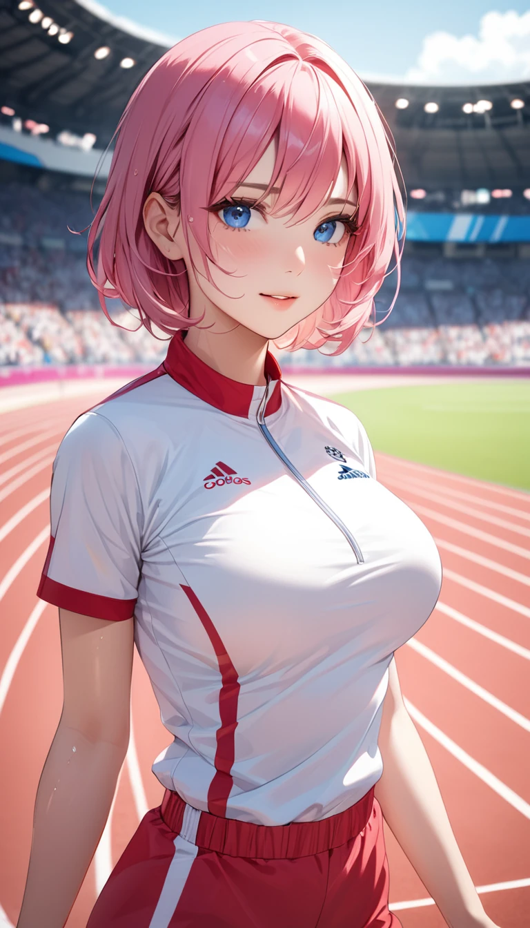 (((masterpiece))),(((High resolution)))、(((8K quality)))、(((Perfect Face)))、((Top quality eyes)), One Girl、24-years-old、Best Bust、Large Breasts、Beautiful Eyes、hot pink hair, Very short hair、blue eyes, Paris Olympics、track-and-field arena、((wearing Track and Field Uniforms)), underboob, wet body, Natural smile、Dynamic Angle、