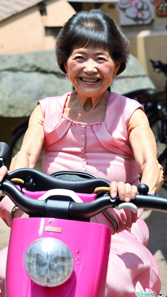 Frog-shaped motorbike, old woman riding a bike, Japanese woman, 60 years old, pink dress, thick, bulging eyes, smiling